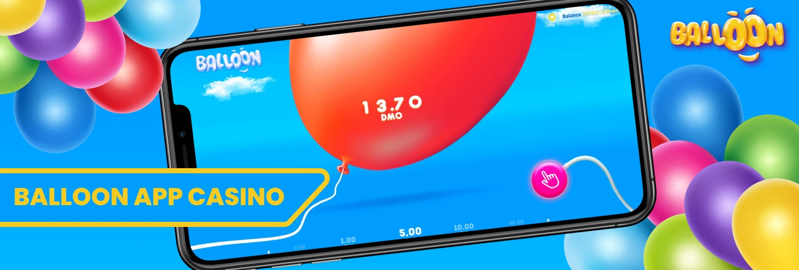 Texte de Balloon app casino avec téléphone portable en arrière-plan